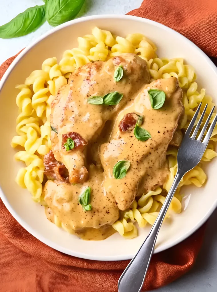 Plated dairy-free marry me chicken over pasta with basil leaves