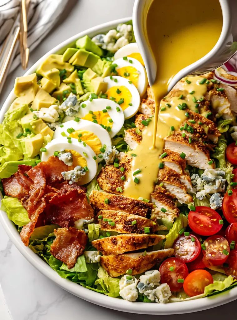 Pouring vinaigrette over Cobb salad with chicken and bacon