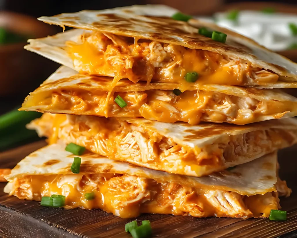 Quesadillas with creamy filling on wood board