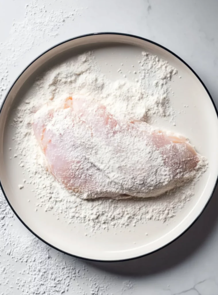 Raw chicken breast coated in gluten free flour on white plate