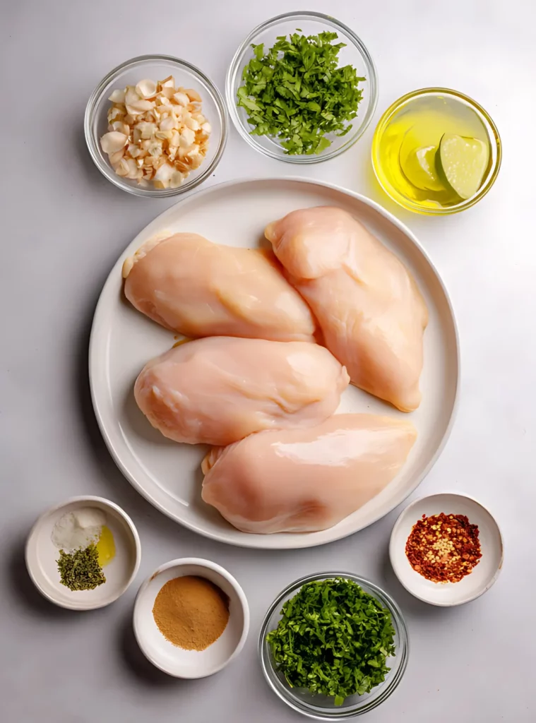 Raw chicken breasts with marinade ingredients