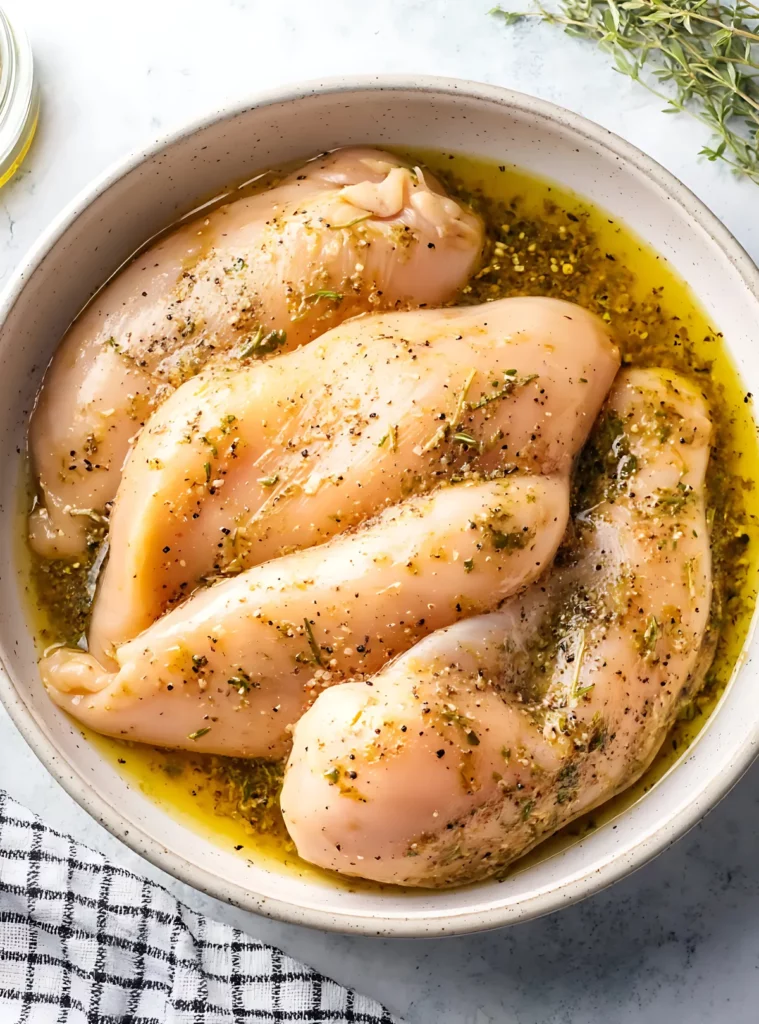 Raw marinated chicken breasts in bowl