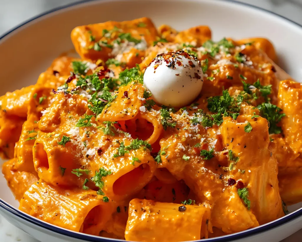 Rigatoni pasta in creamy tomato sauce with mozzarella and parsley