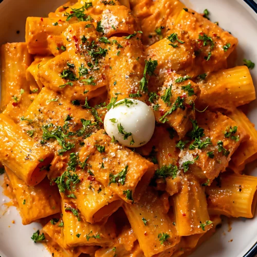 Rigatoni pasta with creamy tomato sauce topped with mozzarella and herbs