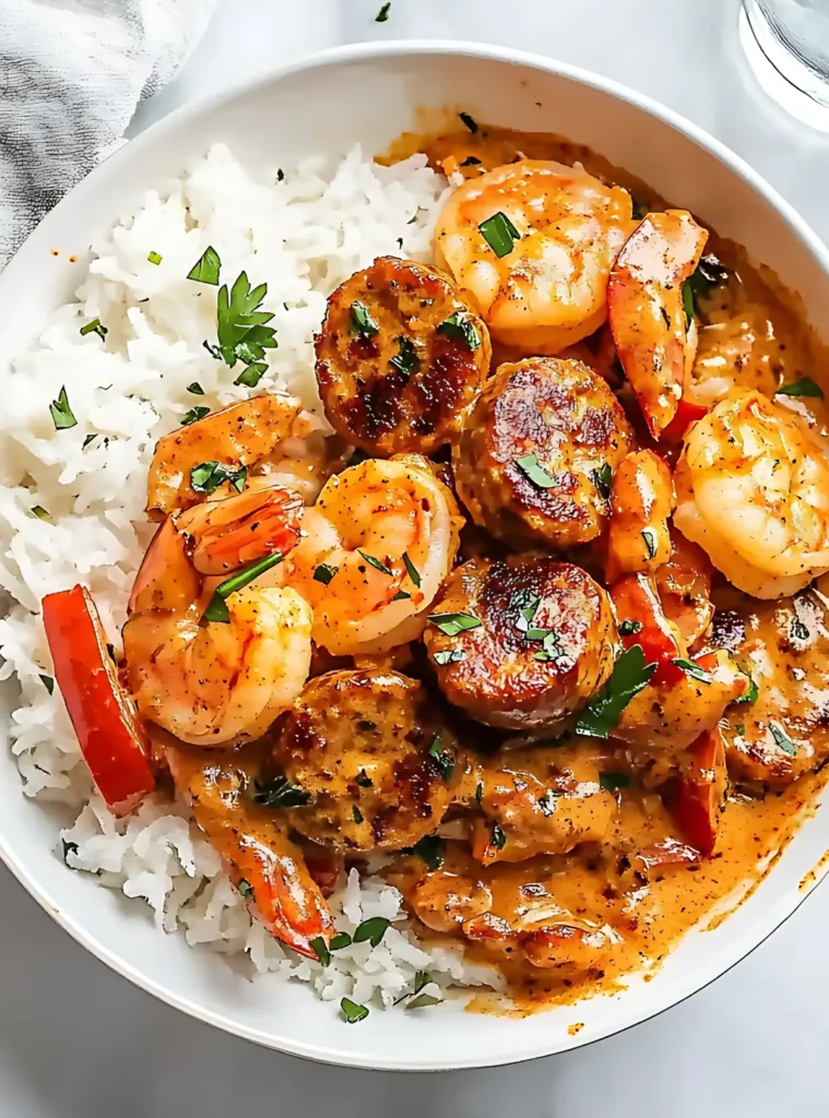 Shrimp and sausage over rice