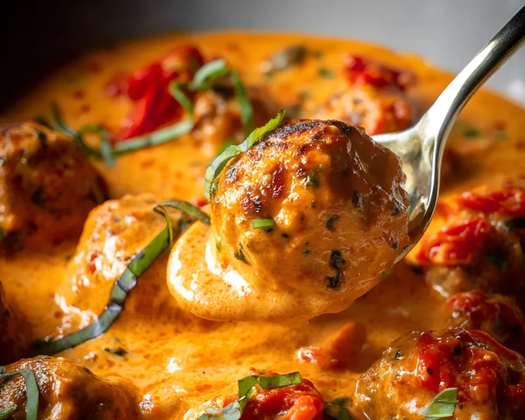 Single meatball on spoon in creamy tomato sauce
