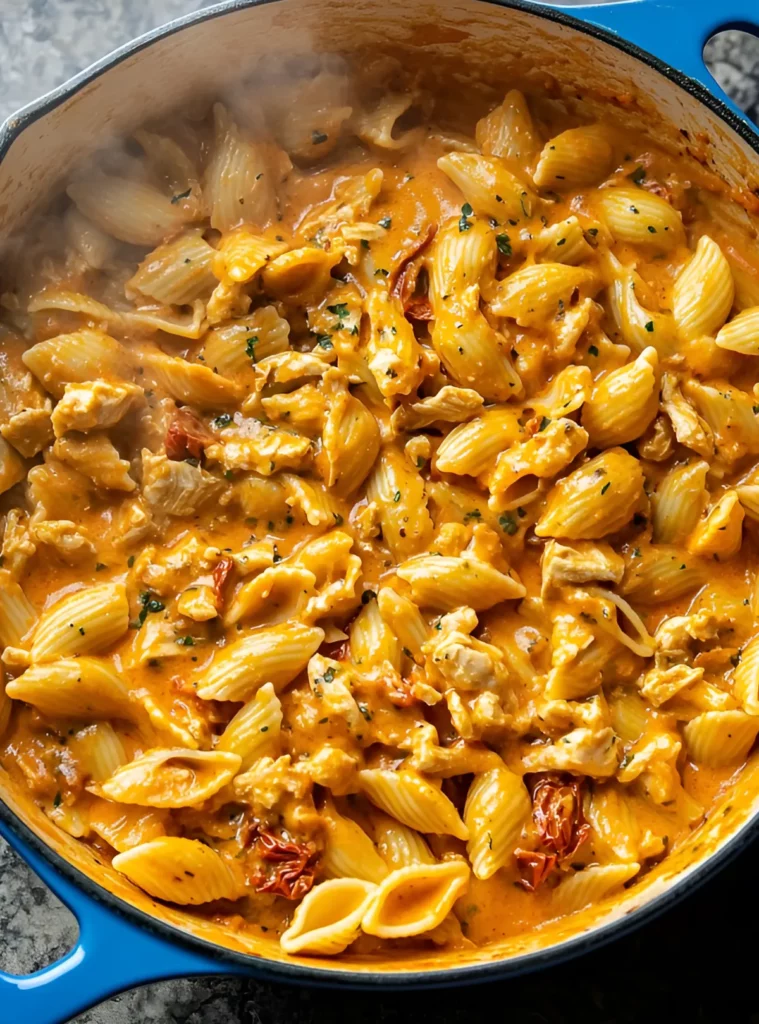 Skillet of creamy chicken pasta with herbs