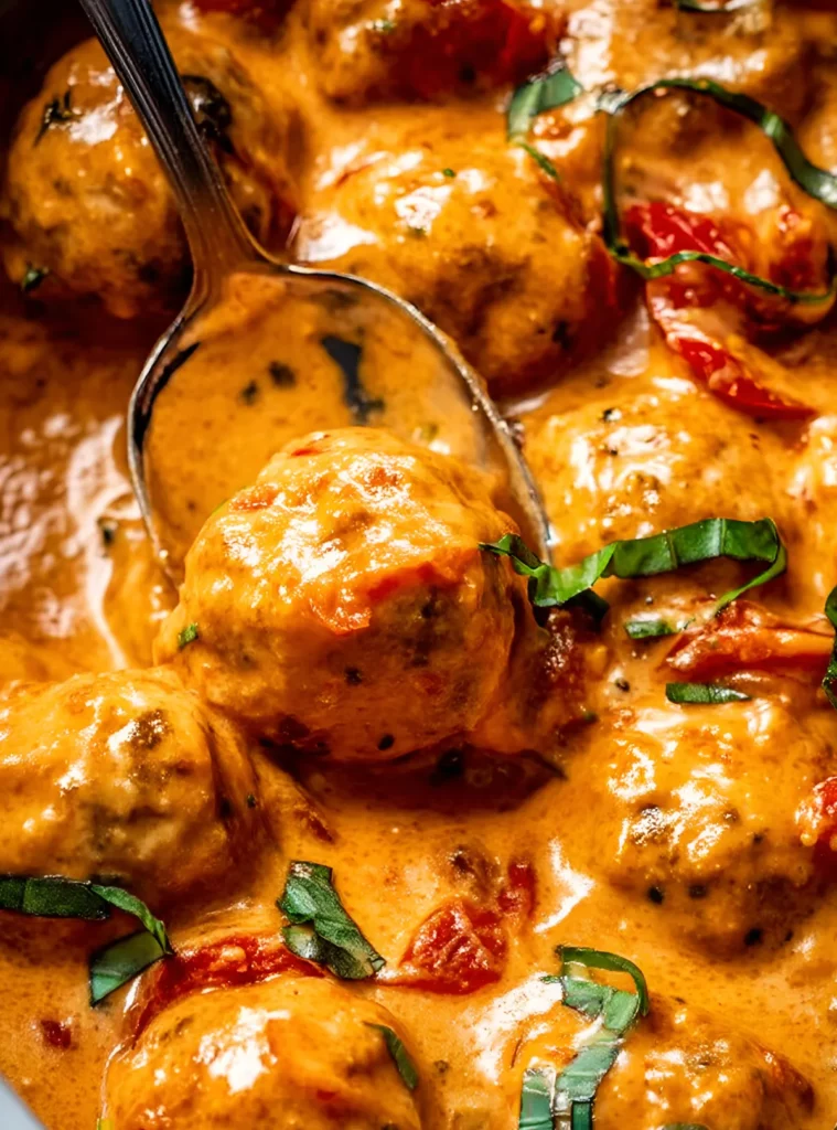Spoon lifting creamy meatball in tomato basil sauce