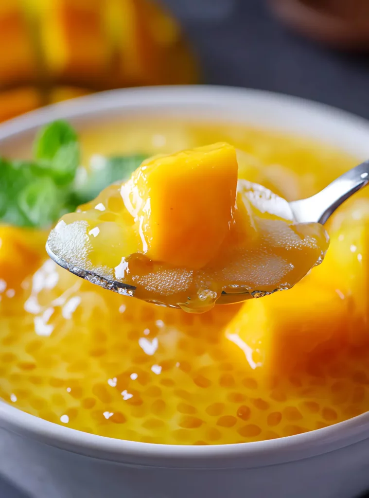 Spoonful of mango sago with diced mango