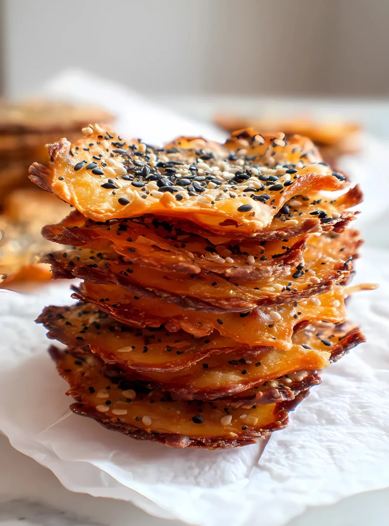 Stack of crispy cheese chips with seasoning