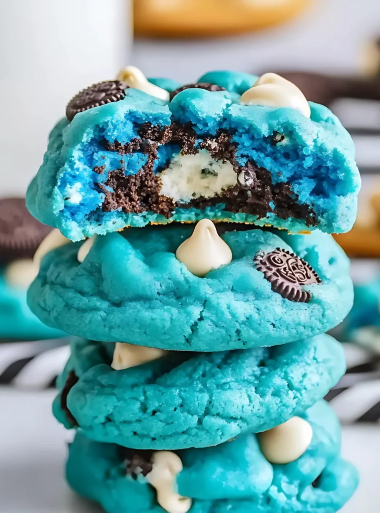 Stacked blue cookies with creamy center