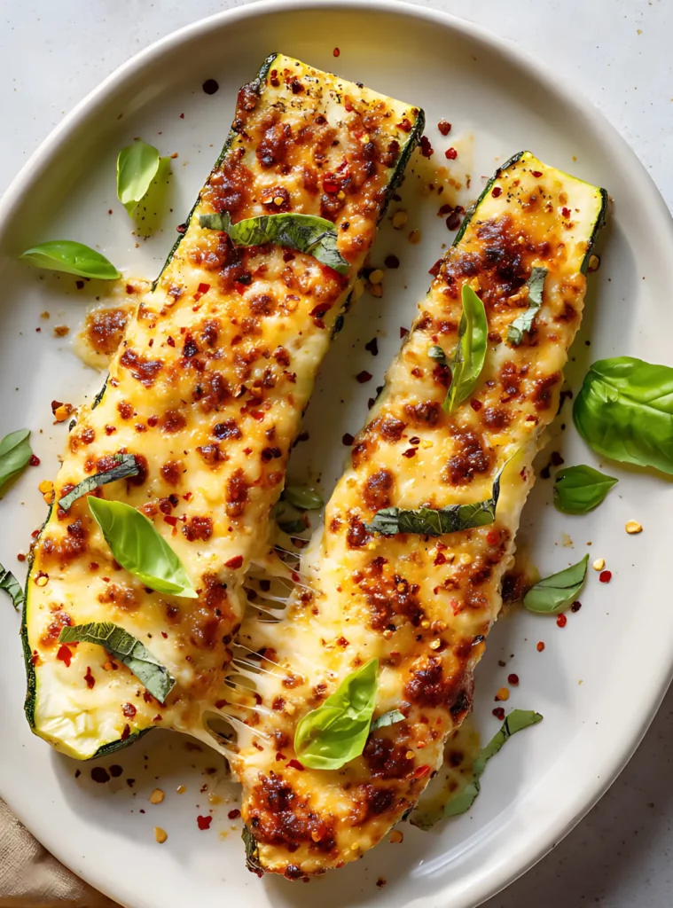 Stretchy mozzarella zucchini on oval plate