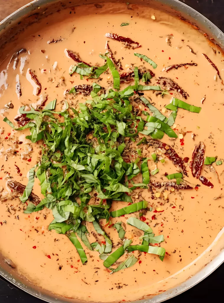 Tomato cream sauce with basil in skillet
