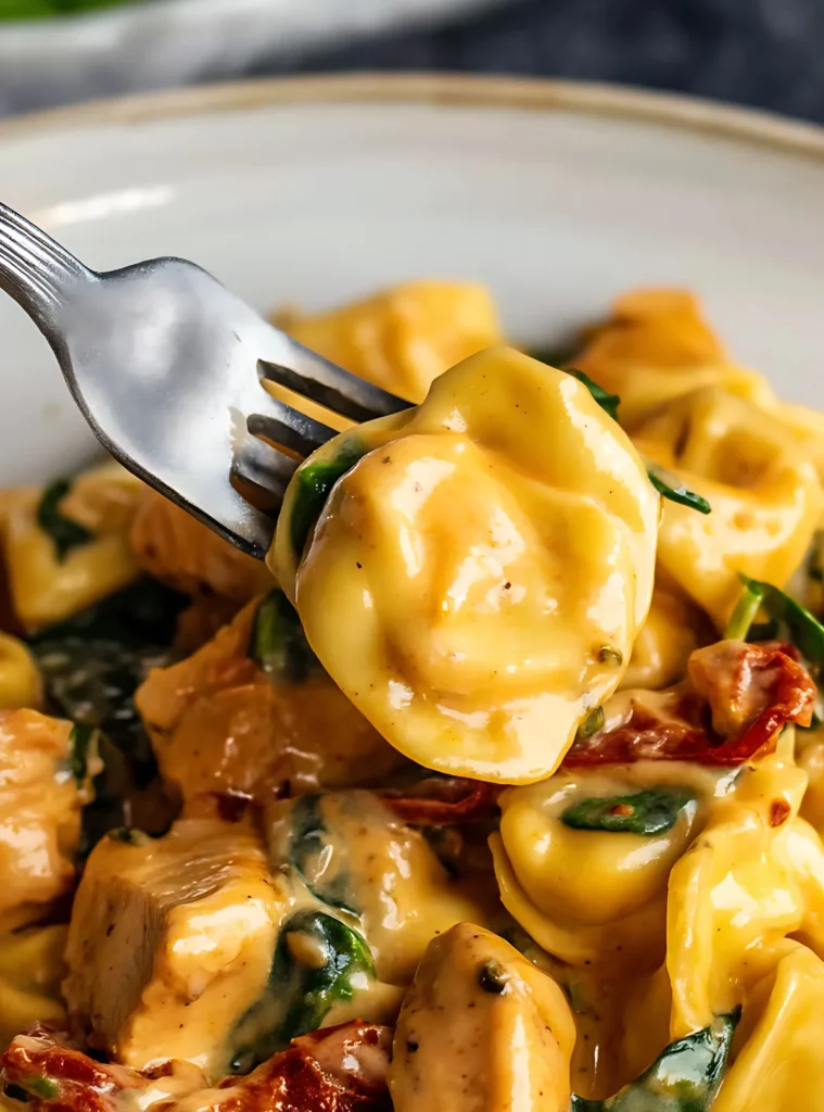 Tortellini bite on fork close-up