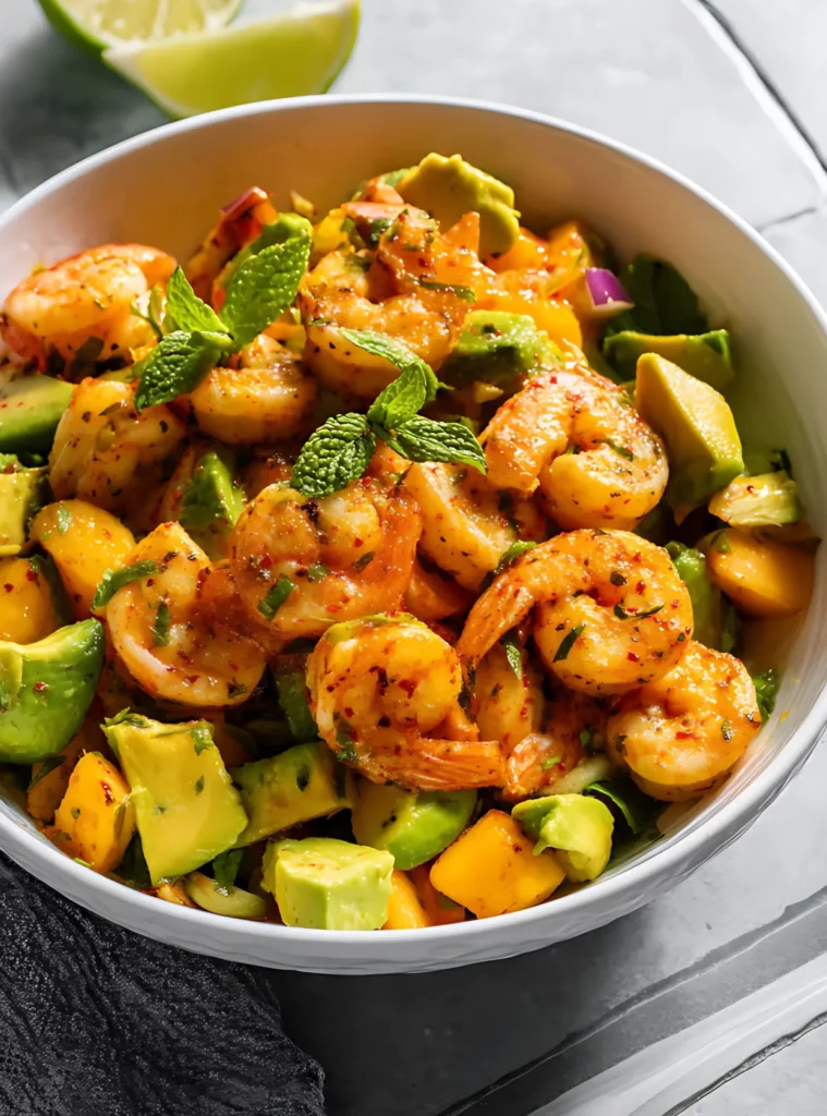 Tossed shrimp salad with mango avocado and lime