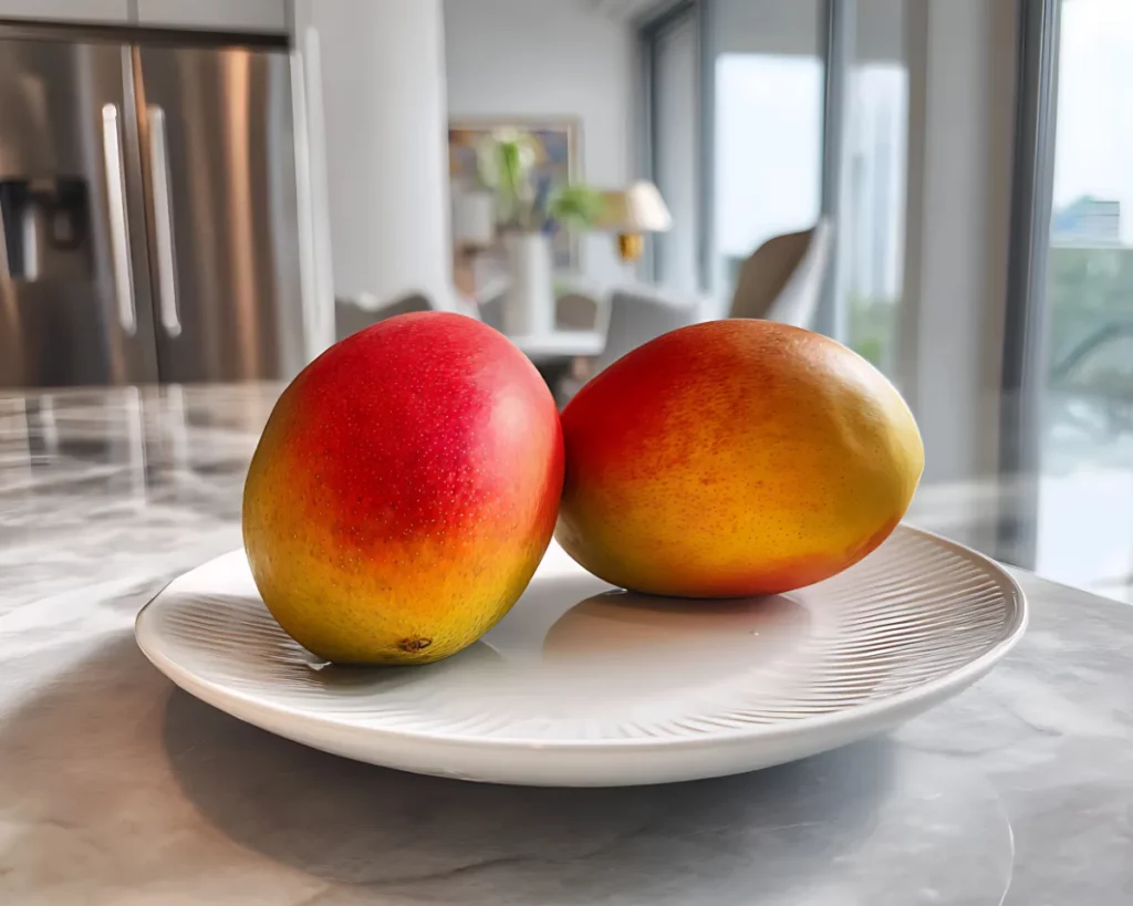Two ripe mangoes on a white plate