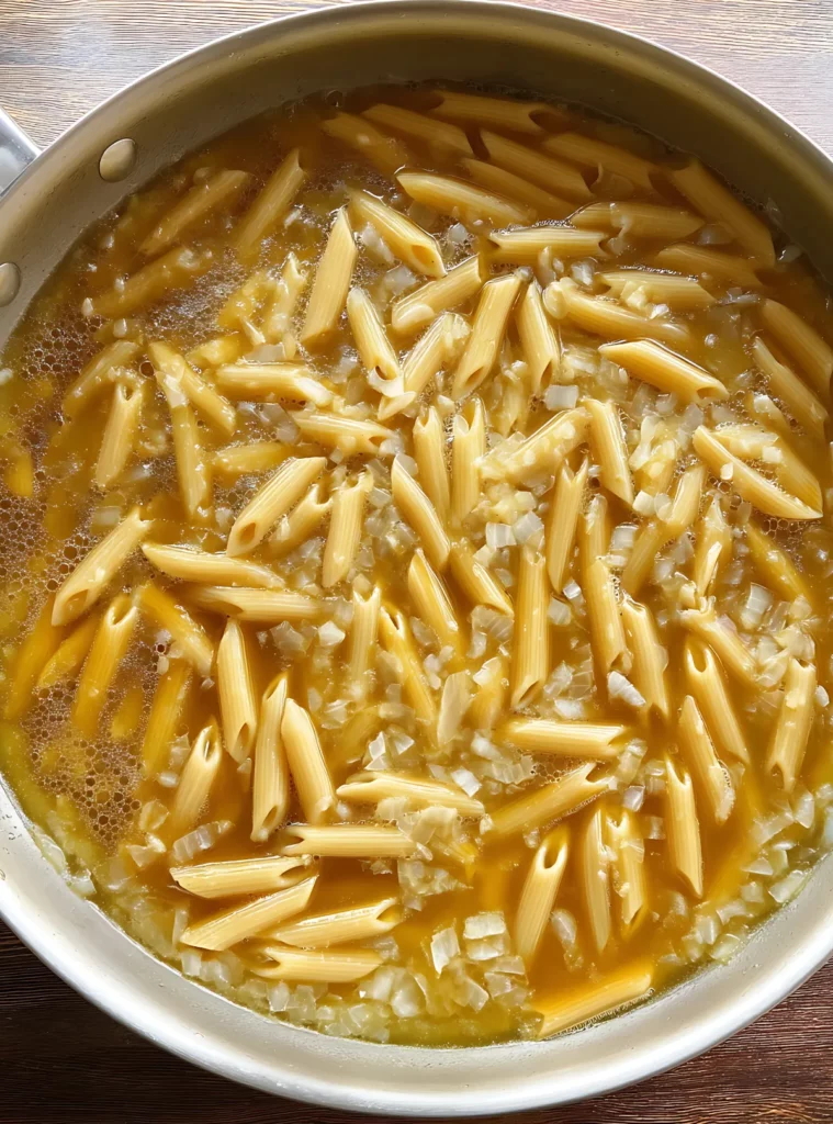 Uncooked penne pasta simmering in broth with diced onions