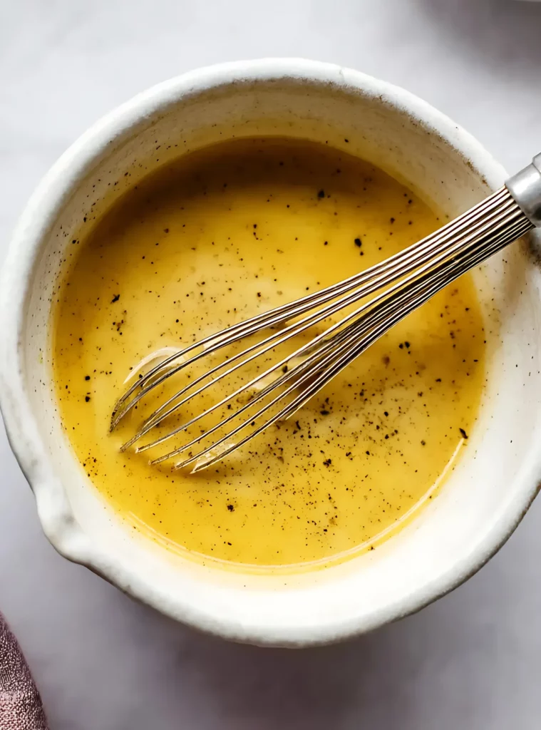Whisk in bowl of golden vinaigrette dressing