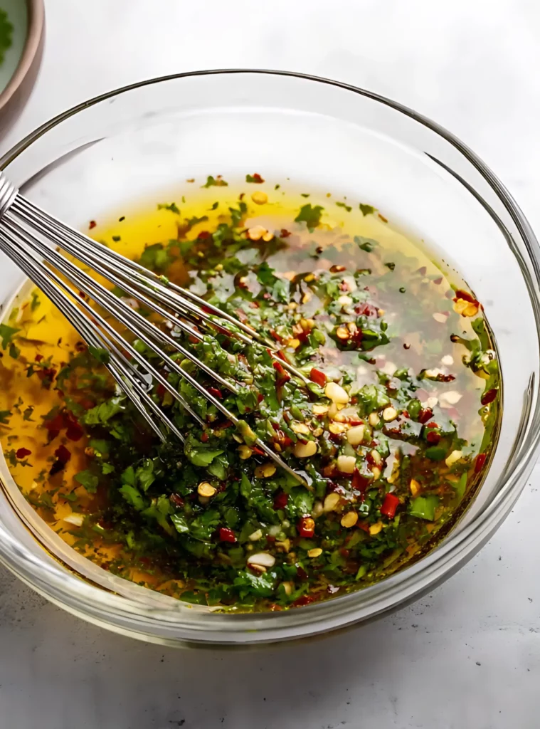 Whisking marinade in a glass bowl
