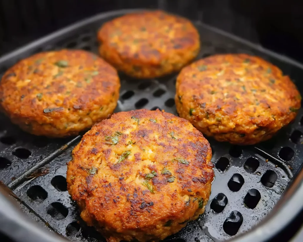 Air fried salmon patties with golden brown crust in basket