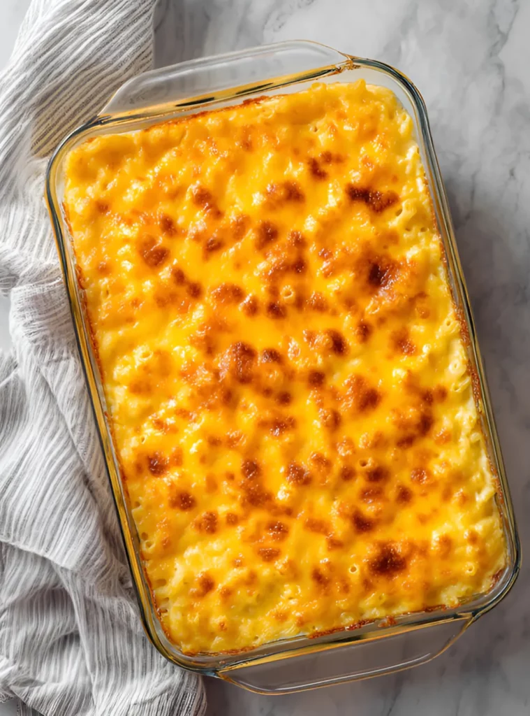 Baked mac and cheese in glass dish