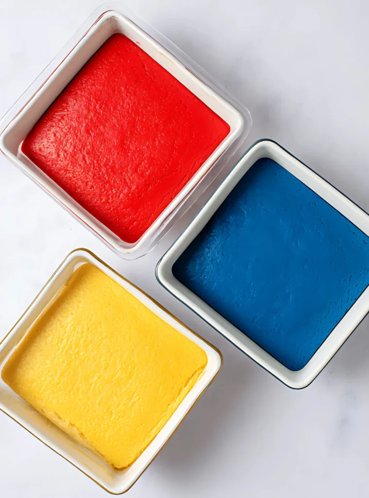 Baked red blue yellow cakes