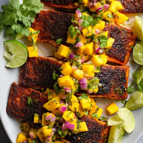 Blackened salmon fillets topped with mango salsa and lime on white platter