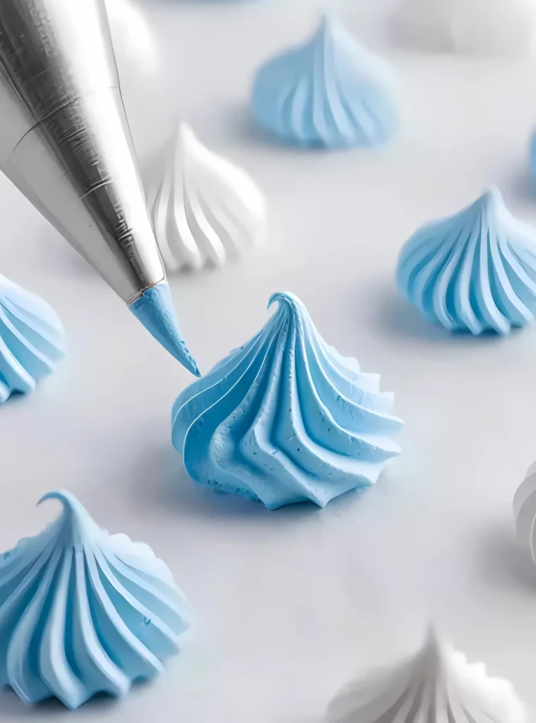 Blue meringue piped from bag