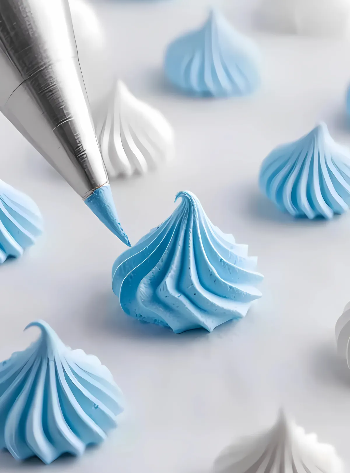 Blue meringue piped from bag