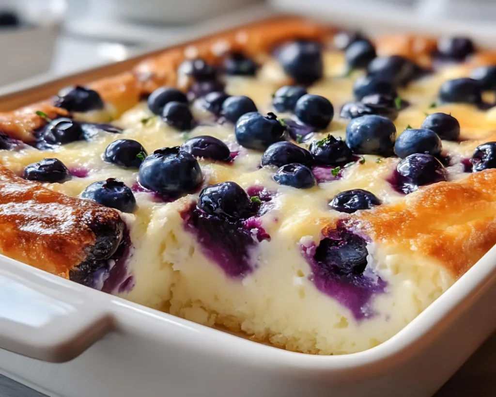 Blueberry breakfast bake with golden edges in white dish
