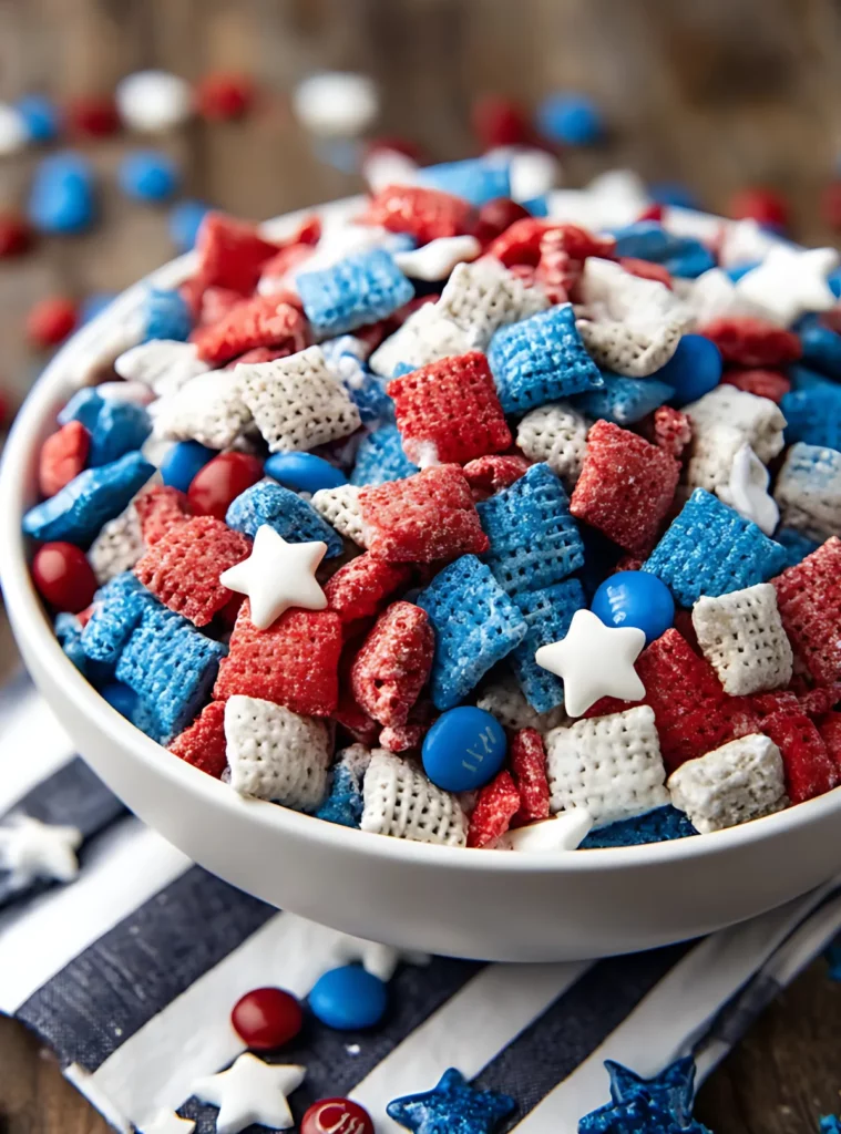 Bowl filled with patriotic Chex and white stars