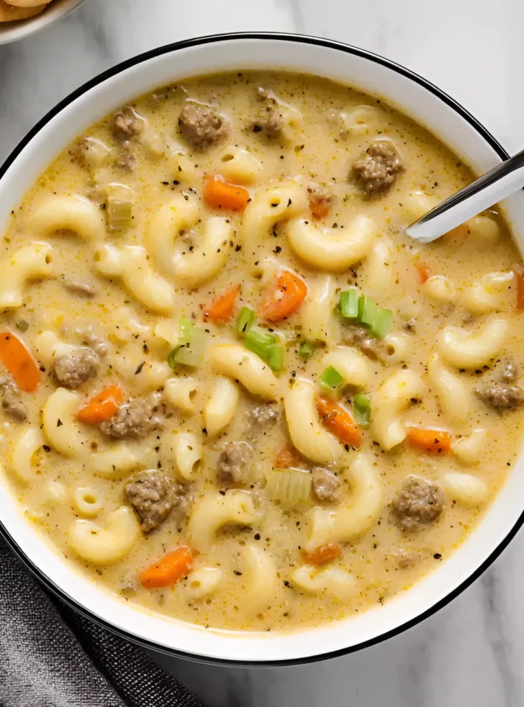 Bowl of creamy cheeseburger macaroni soup