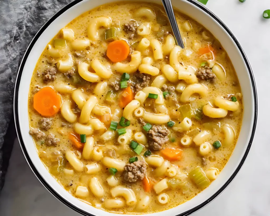 Bright bowl of cheeseburger soup with carrots