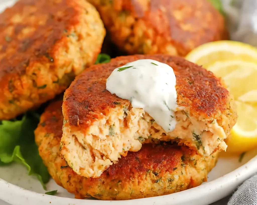 Broken salmon patty showing flaky interior with tartar sauce