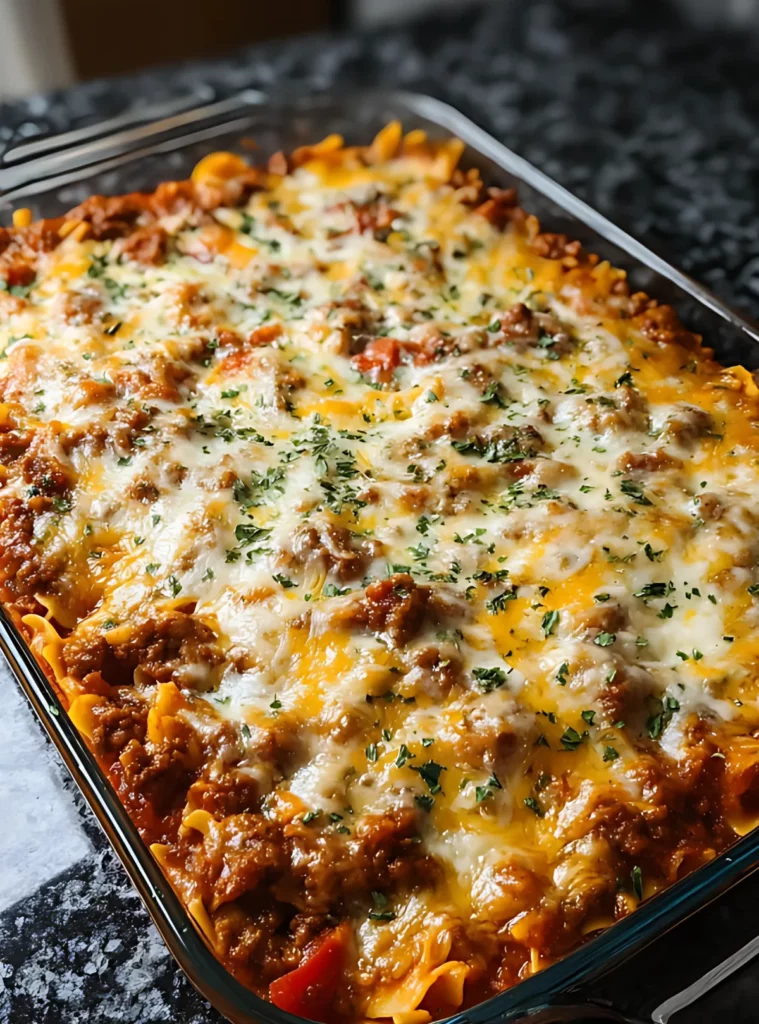 Casserole with beef cheese and red peppers