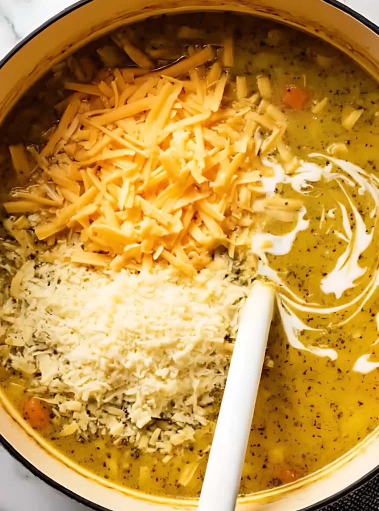 Cheddar and cream added to soup base