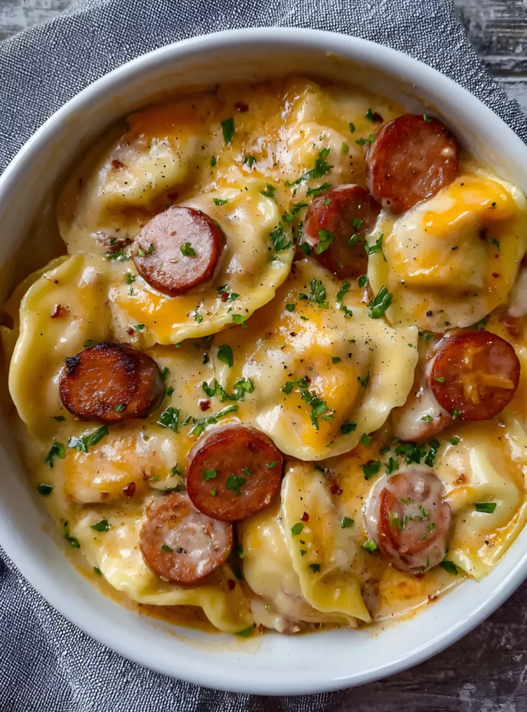Cheesy kielbasa pierogi casserole top view