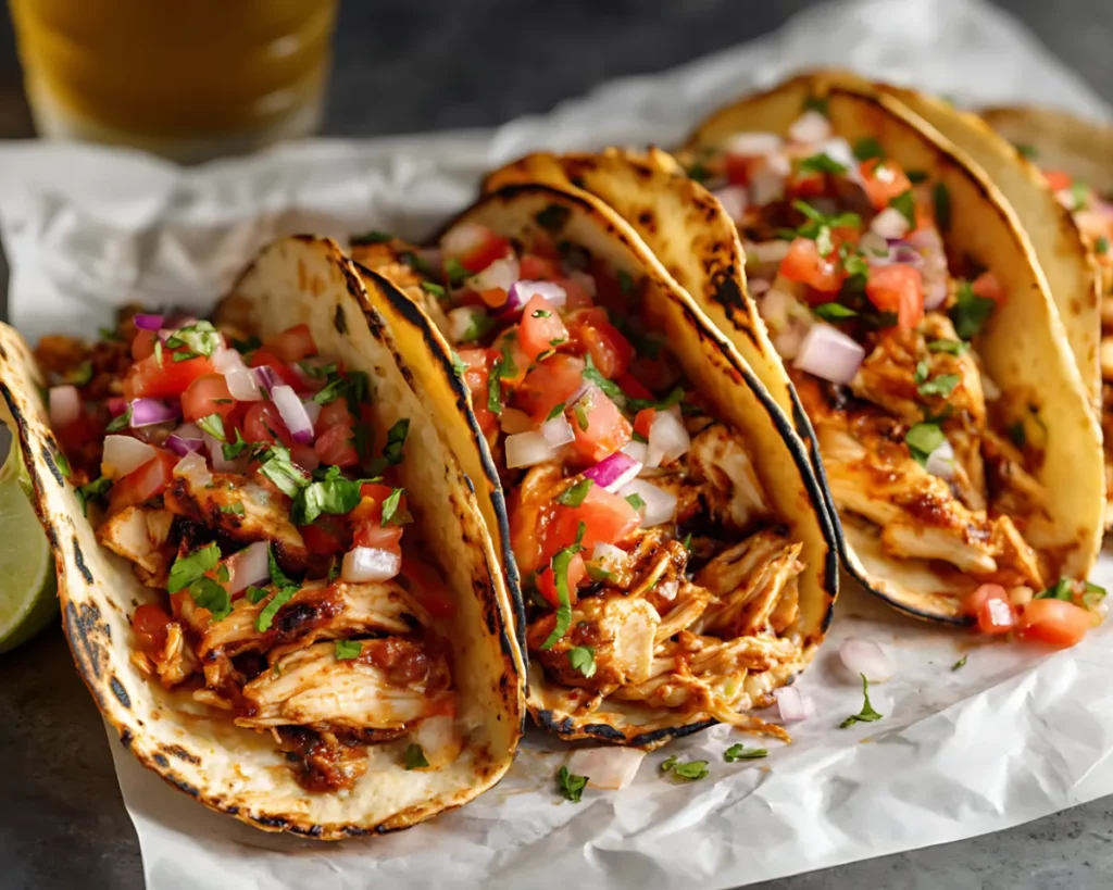 Chicken tacos in a row with chopped toppings