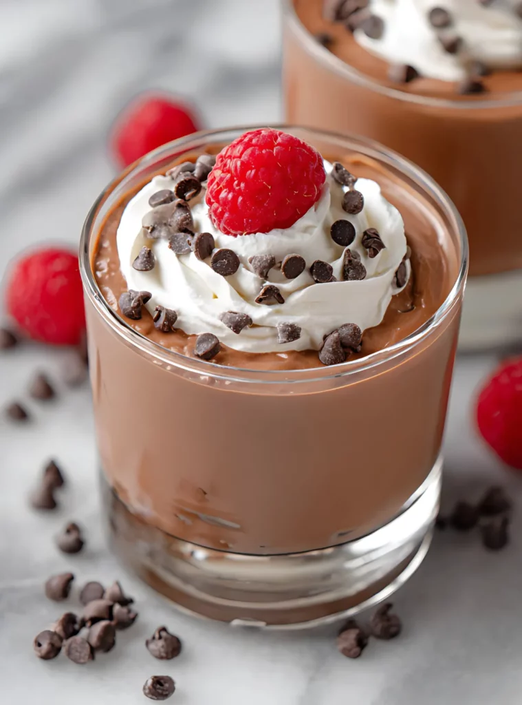 Chocolate mousse topped with whipped cream and raspberry