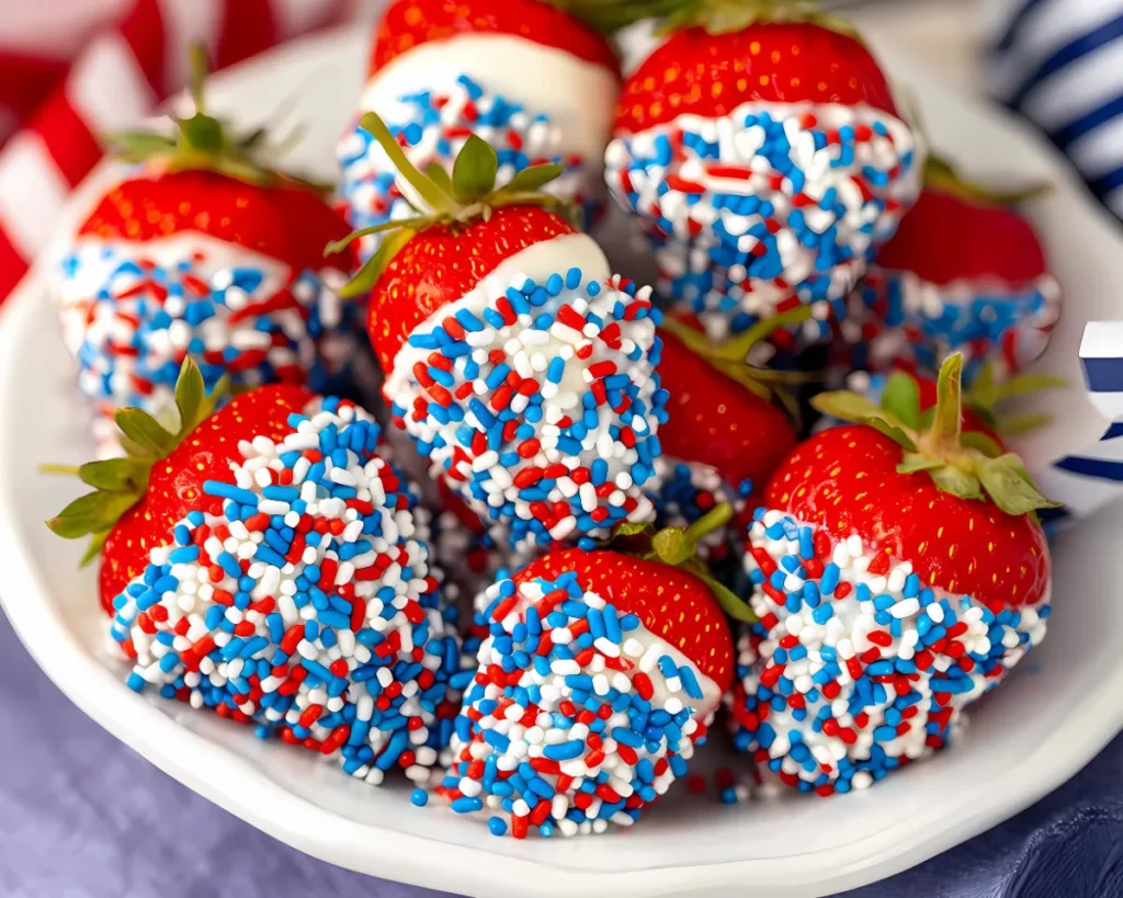 Close-up of dipped strawberries with bold sprinkles