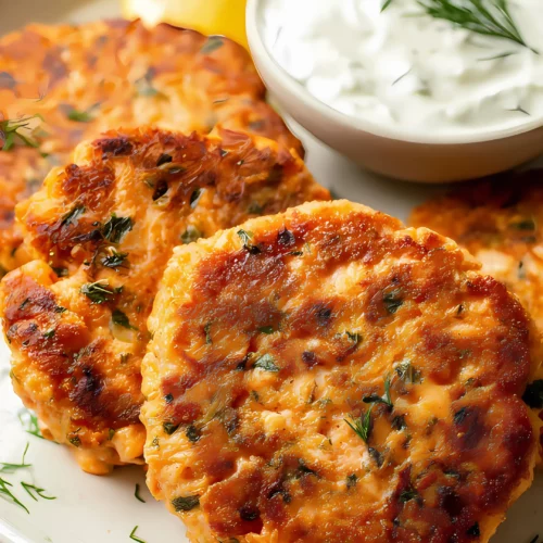 Close-up of golden-brown salmon patties with creamy herb sauce and lemon