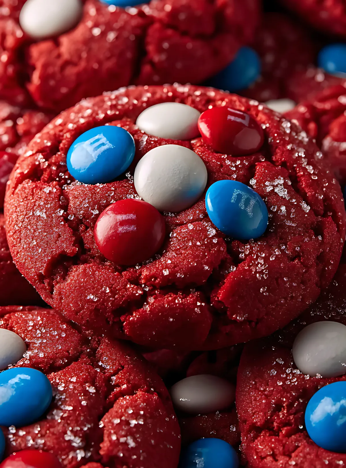 Close-up of red velvet cookie topped with colorful candy and sugar