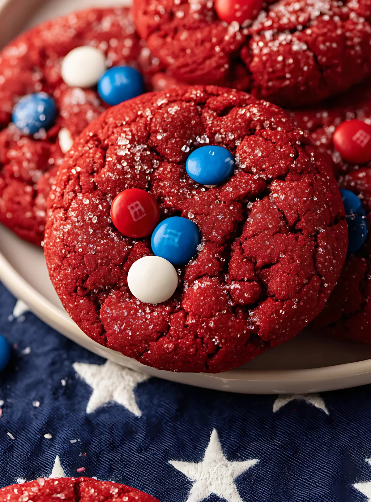 Close-up of red velvet cookie with blue white and red candy