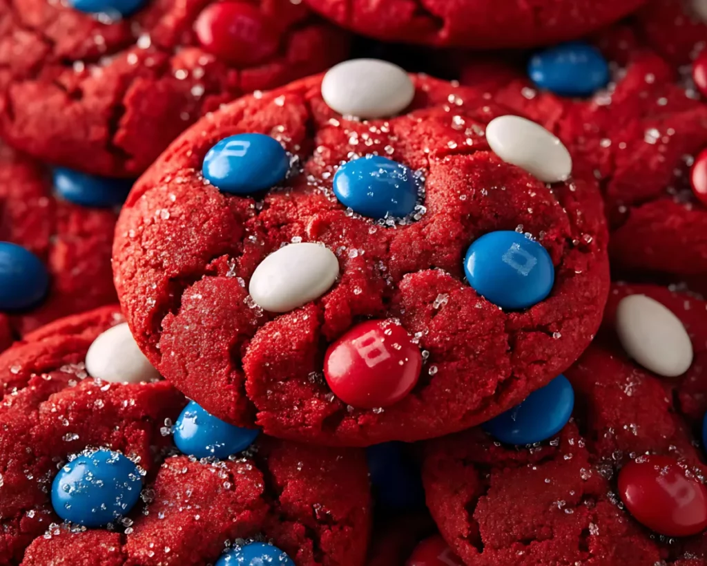 Close-up of red velvet cookies with candy and sugar crystals