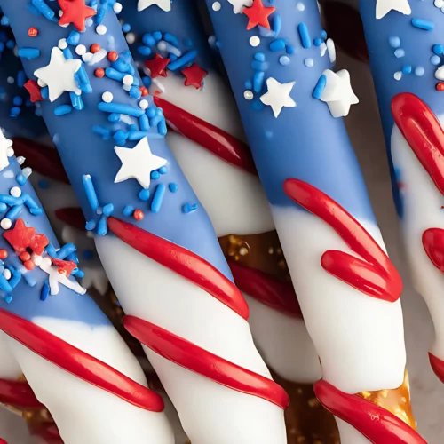 Close-up of red white blue sprinkle pretzels