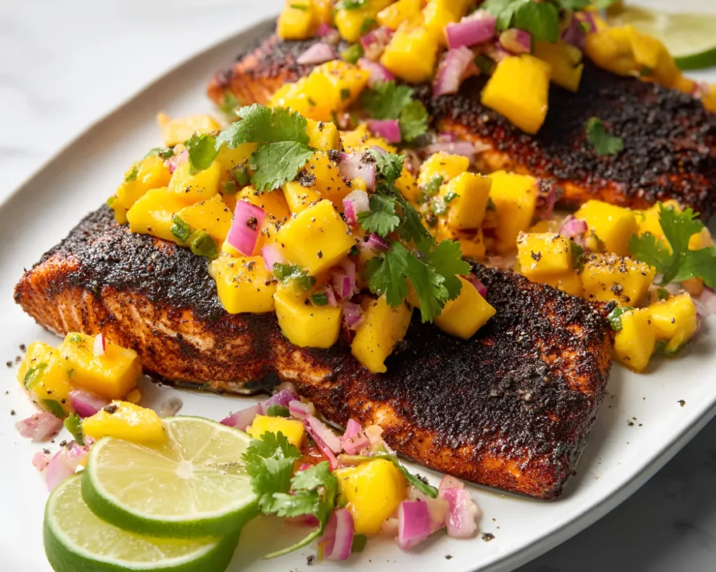 Closeup of single salmon fillet with mango salsa and lime on white plate