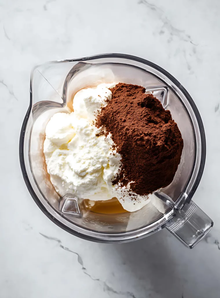 Cocoa powder cottage cheese and syrup in a blender