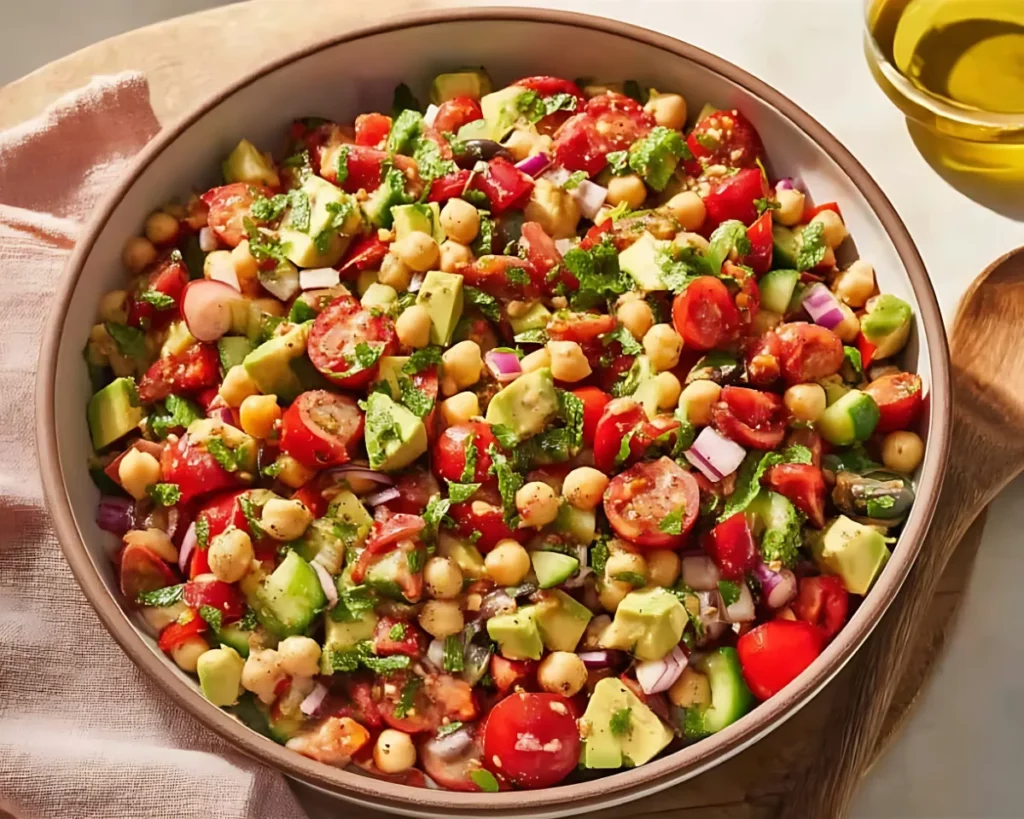 Colorful chickpea salad served in a beige bowl