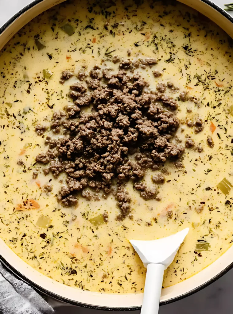 Cooked beef on creamy soup in Dutch oven