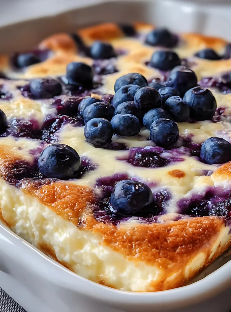 Cottage cheese bake topped with fresh blueberries